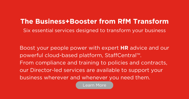 A red box with white text explaining the RfM Business+Booster services, in particular HR